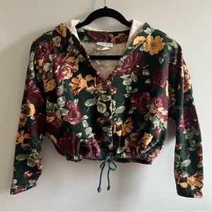 Vintage 90s cropped floral button down hooded sweatshirt with drawstring waist